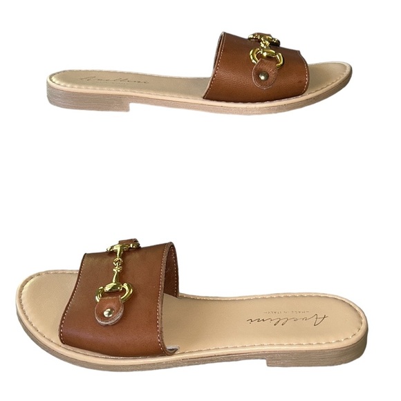 Avellini Italy Cognac Brown Faux Leather Gold Chain Bit Sandals Slides - 6.5 - Picture 5 of 15